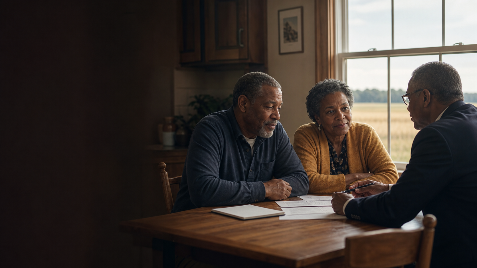 An advisor reviews healthcare coverage options with a couple at a kitchen table