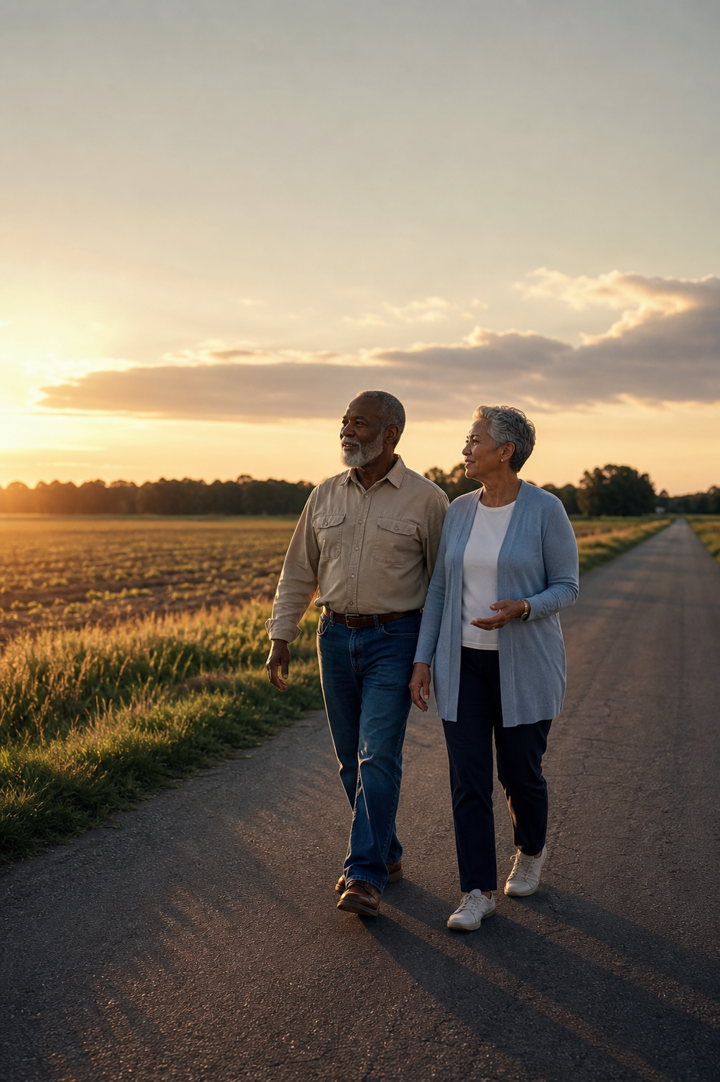 A couple walks along a Delta country road in warm evening light